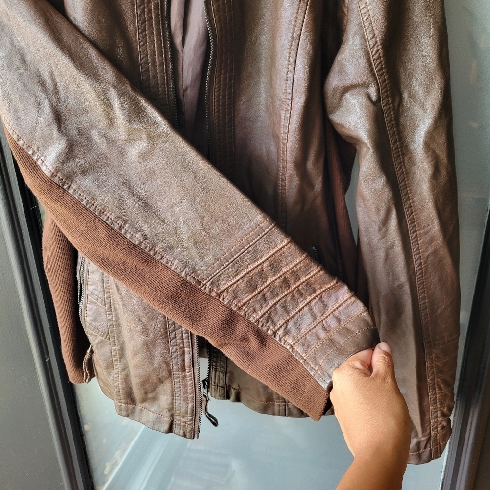 Sebby Collection Womens L Brown Whiskey Color Faux Leather Moto Style Jacket Zip - Picture 9 of 12